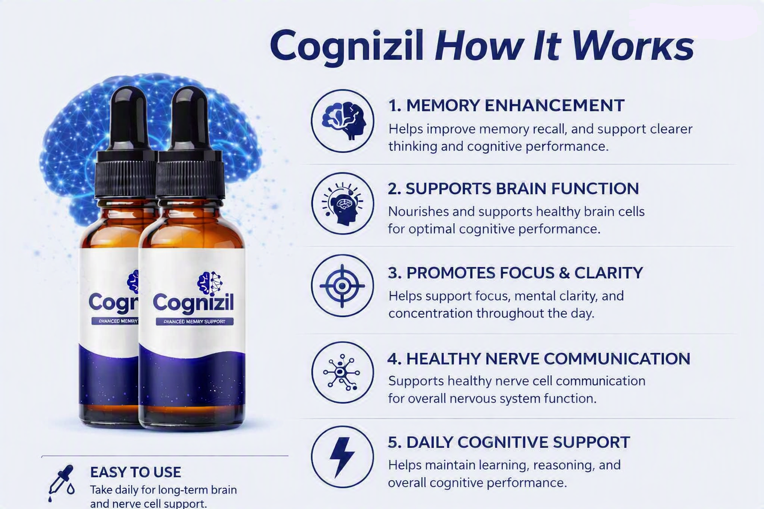 Diagram showing how Cognizil supports memory, focus, cognition, and brain health